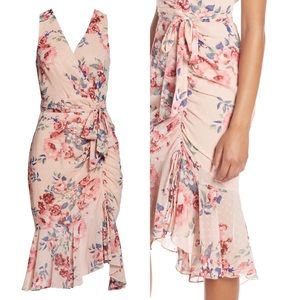 floral ruched chiffon faux wrap dress eliza j